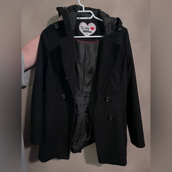 Black pea coat with hood, size small. - Picture 1 of 2